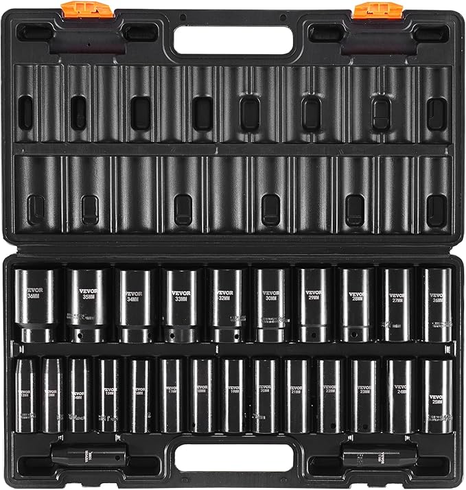 VEVOR Impact Socket Set 1/2 Inches 26 Piece Deep Sockets, , 6-Point , Rugged Construction, Cr-V, 1/2 Inches Drive Socket Set Impact Metric 10mm - 36mm, with a Storage Cage