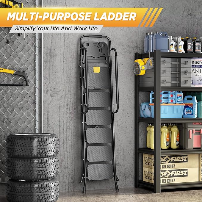 KINGRACK Step Ladder, Sturdy Steel Step Stool with Anti-Slip Wide Pedals, Handrail, Safe-Lock Design, 800lbs Folding Portable Ladder for Multi-Purpose, Home, Kitchen (6-Step with Tool Platform)