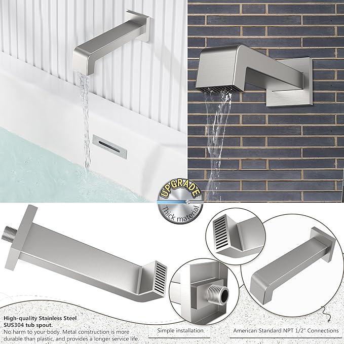 Rain Shower System with Waterfall Tub Spout 2 Function Brushed Nickel Shower Faucet Set Contain 12 Inch Shower Head and Tub Spout Trim Kit (Valve Included)