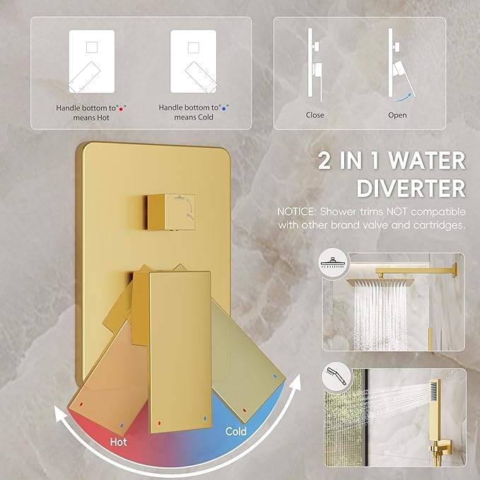 Alesco Shower Faucet Set, Gold Shower System with 12-Inch High-Pressure Rainfall Showerheads and Handheld Spray combo, Showerfixture Include Valve and Trim Kit, Brushed Gold