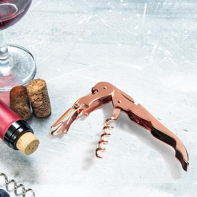 Homestia Waiters Corkscrew 3-in-1 Star Pattern 304 Stainless Steel Double Hinged Wine Key with Foil Cutter and Pullscrew Bottle Opener for Beer and Wine (Rose Gold)