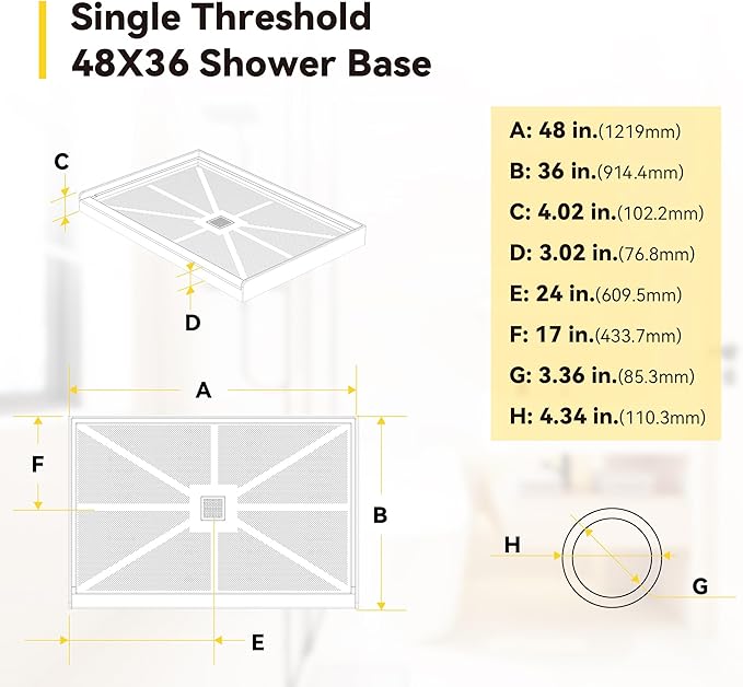 Sunrosa Shower Base 48"×36"×4", Single Threshold Shower Bases with Center Drain, Rectangle Solid Surface White Shower Pan, Slip Resistant Textured Surface, Include Stainless Steel Chrome Cover