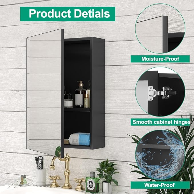 24 x 32 Farmhouse Medicine Cabinet for Bathroom, Black Bathroom Mirror with Storage, Tempered Glass, Frameless Recessed or Wall Mount Aluminum Medicine Cabinet - Pre-Assembled
