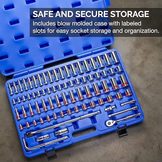 Neiko 02472A 3/8-Inch-Drive Colored Mechanics Tool Ratchet, Socket Set, 76-Piece Standard and Deep SAE Sizes 1/4" to 1" Metric Sizes 6 mm to 24 mm Made with CrV Steel for Auto Repair