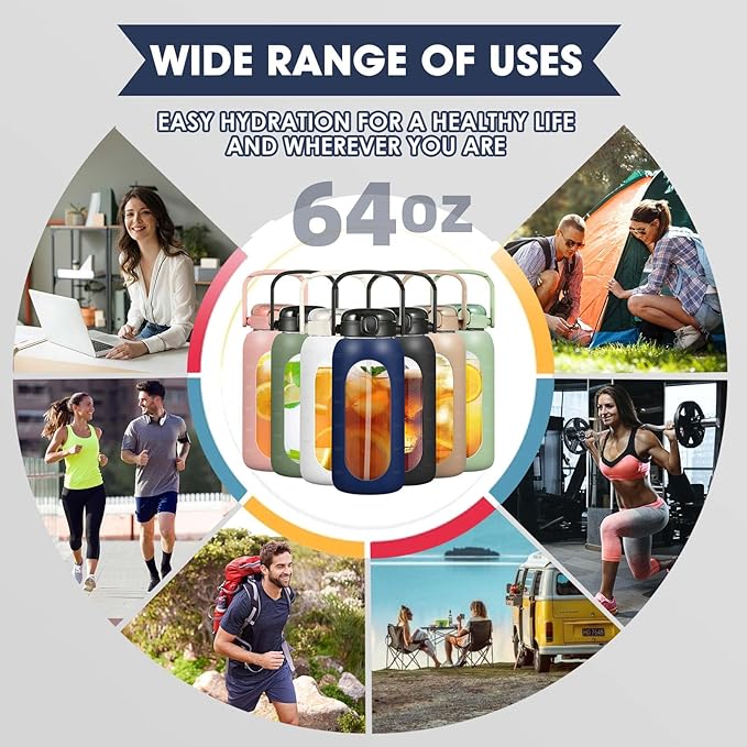 Glass Water Bottles 64 oz - Half Gallon Water Bottle with Straw Phone Holder Handle Time Marker and Silicone Sleeve, Large Motivational Water Jug with Carrier Bag for Daily Intake Gym Blue