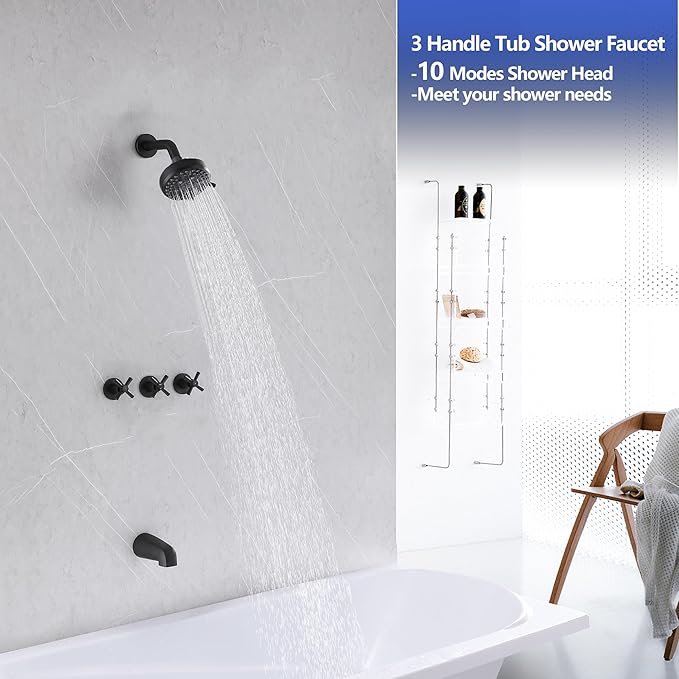 3 Handle Tub Shower Faucet Matte Black, Bathtub Shower Faucet Set With Tub Spout, Tub and Shower Trim Kit with Valve
