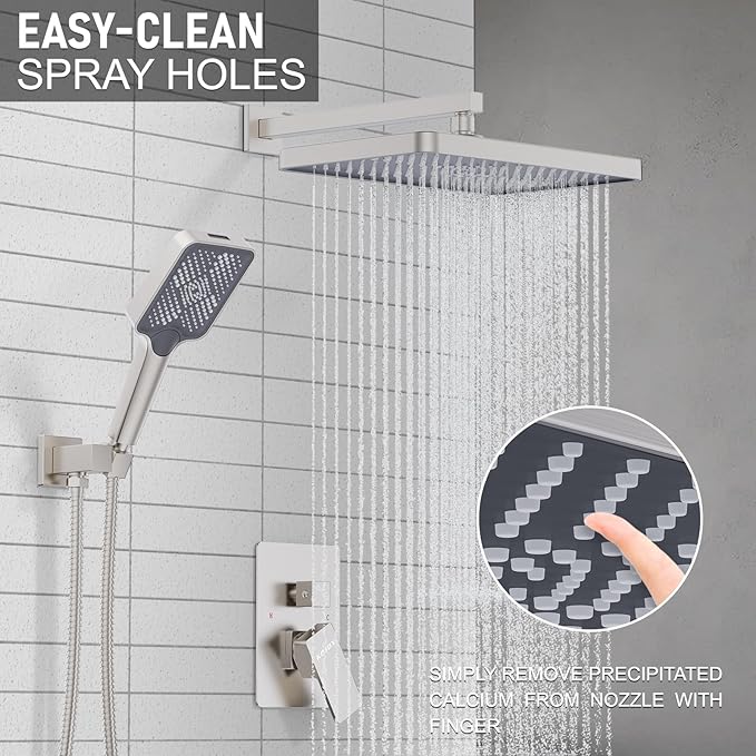 Shower System 13-Inch Rainfall Shower Head - 3 Setting Handheld Sprayer, Complete Bathroom Set with Faucet Mixer Trim Kit & Valve Brushed Nickel