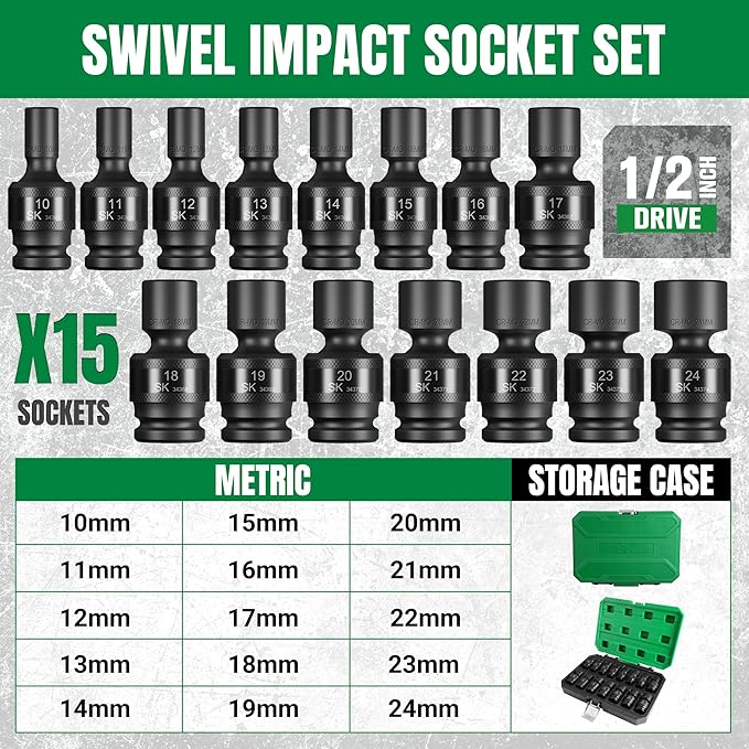 SK 1/2" Drive Universal Swivel Impact Socket Set, Metric Socket Set, 15-Piece, Premium CR-MO Steel, SureGrip 6 Point Design, with Storage Case