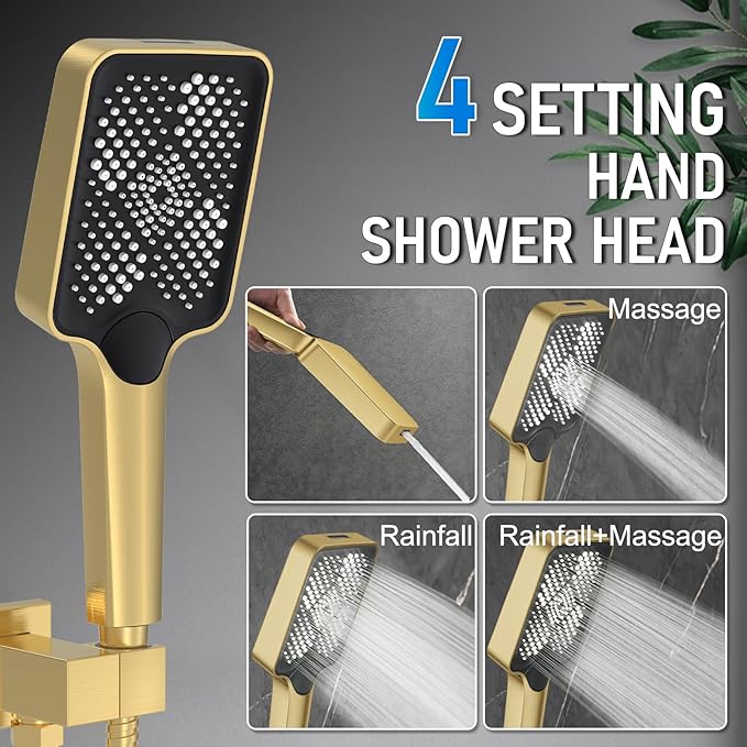 Iriber Thermostatic Shower System Wall Mount with Adjustable Water Flow Push Button Diverter,13 Inch Gold Rectangle Rainfall Shower Head and Handheld,Brushed Gold