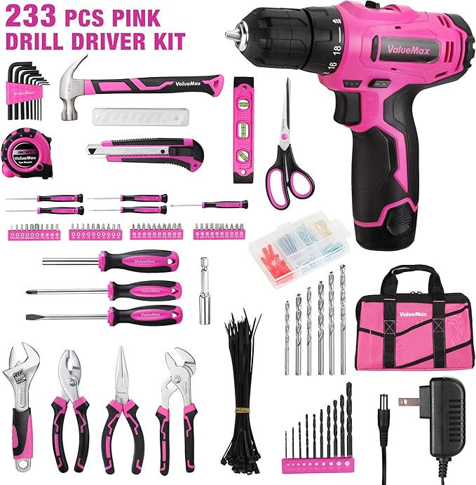 ValueMax Home Tool Kit with Drill, 233-Pieces Pink Tool Set with 12V Cordless Lithium-ion Drill, Power Tool Set with Wide Mouth Open Storage Bag, Basic Drill Sets Combo Kit for DIY and Daily Repair