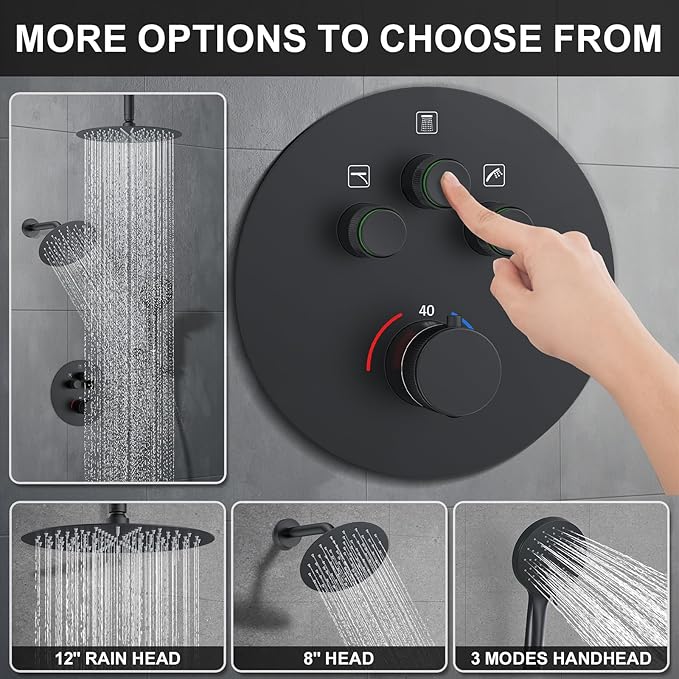 KOJOX Matte Black Thermostatic Shower System, Push Button Diverter Shower Faucet Set with 12" Ceiling Mount Rain Shower, 8" Wall Mount Shower Head, and 3-in-1 Handheld Spray