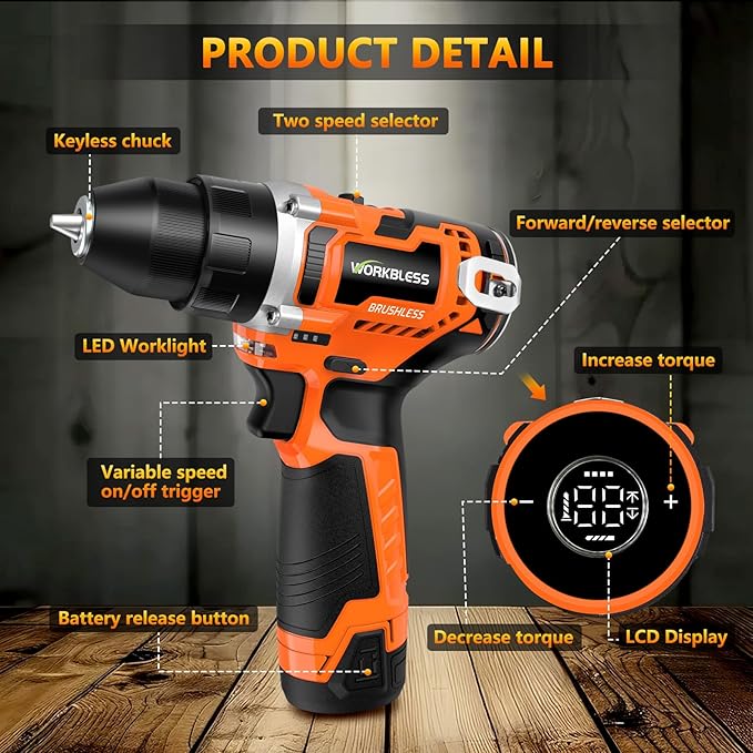 12V Brushless Power Drill, Cordless Drill with LCD Smart Display, 29+1 Torque Setting, 3/8 Inch Keyless Metal Chuck, 2.0Ah Battery, Fast Charger and 18Pcs Bits Included(Orange)