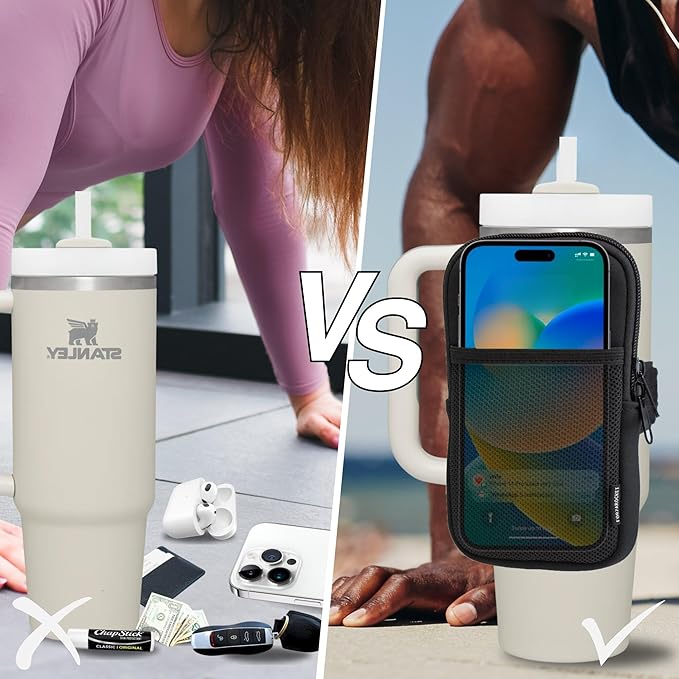 Water Bottle Pouch for Stanley Cups with 20oz 30oz 40oz Stanley Quencher Adventure & Stanley IceFlow, Gym Accessories for Women Tumbler Pouch with Strap & Zipper Cup Purse for Card Keys (Black, Large)