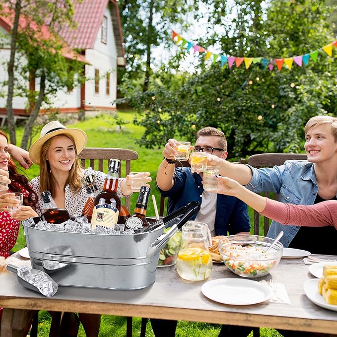 4 Pieces Galvanized Metal Drink Cooler Beverage Tubs Insulated Drink Tub with 4 Ice Scoop and 4 Stainless Steel Tongs 4 Gallons Beverage Ice Tubs for Summer Parties