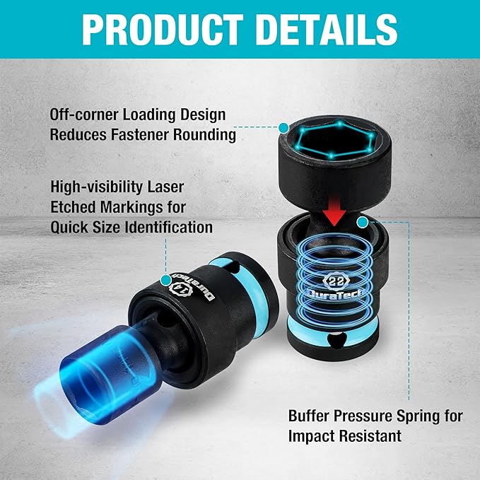 DURATECH 1/2" Drive Impact Swivel Socket Set, 13-Piece Shallow Wobble Sockets, Universal Joint Socket Set Metric, Cr-Mo Steel, 6 Point, Organized in Sturdy Storage Case(10-24mm)