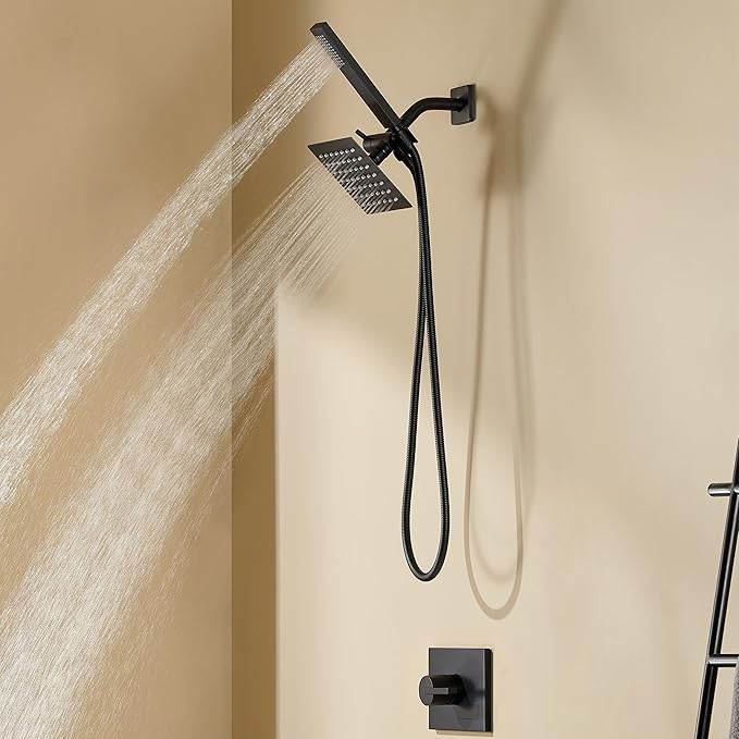 Black Shower Head and Handle Set, Shower Faucet Set Dual Shower Heads with Handheld Spray Combo, All Metal 6" Dual Shower Head Combo and 3-Way Diverter, Black Shower Faucet Set with Valve