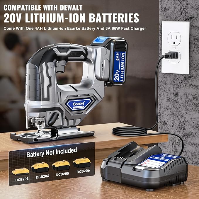 Cordless Jigsaw Tool Compatible with Dewalt 20V Battery, Variable Speed, LED Light, 0°-45° Bevel Cuts, 3-Position Orbital Action, Brushless Motor for Cutting (With 5Ah Battery & Charger Station Kit)