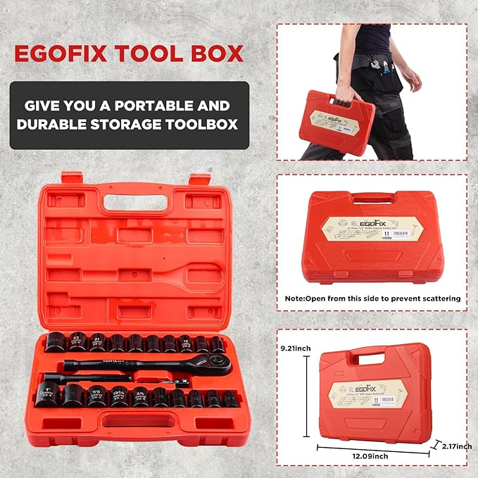 1/2" Drive Impact Socket Set, 23 Piece Metric (13-19, 21, 22, 24mm) and SAE (7/16 to 1 inch) Tool Set with 72 Tooth Reversible Ratchet, with Storage Box for Auto Repairing
