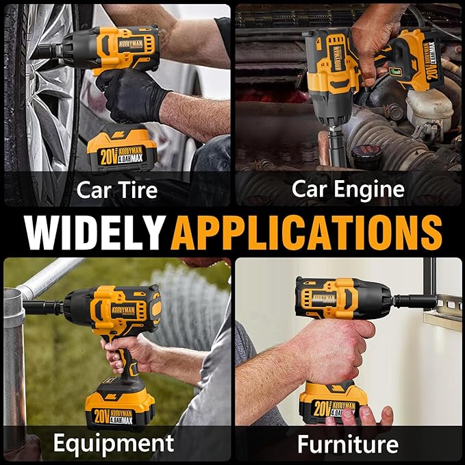 Alloyman 1/2 inch Impact Wrench Cordless, (750 N.m) 555 Ft-lbs Hight Torque Wrench,20V Power Impact Driver, Brushless Motor 2000 RPM, 2x 4.0AH Li-ion Battery,Charger,6 Sockets,3 Extension Bars