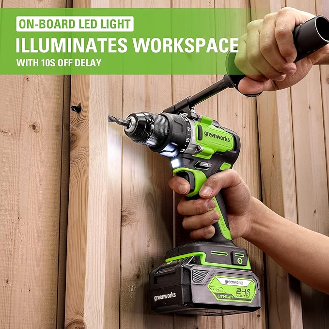Greenworks 24V Cordless Brushless 1/2" Drill Driver (Metal Chuck /800 in.-lbs. /21 Clutch Position/LED Light), 4Ah USB (Power Bank) Battery and Fast Charger Included