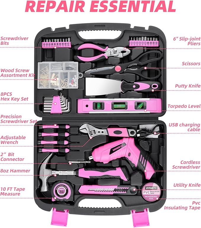 Pink Household Tool Set with 3.6V USB Electric Screwdriver, 136 PCS Home Tool Kit with Cordless Lithium-ion Drill Driver, Hand Tool Kits for Women