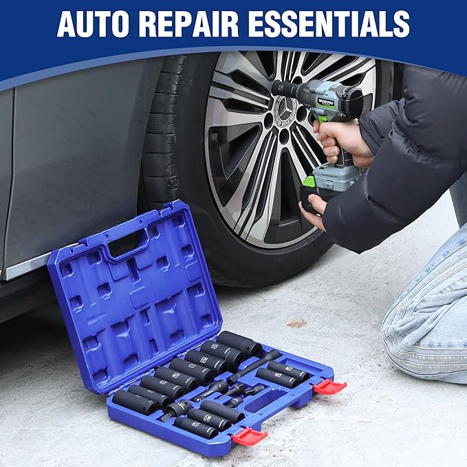 WORKPRO 20-Piece 1/2" Drive Deep Impact Socket Set, 6-Point, Cr-V Steel, 10-27mm, Universal Joint, Adapter and Extension Bar, SAE