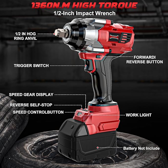 Cordless Impact Wrench 1/2" Compatible with Milwaukee 18V Battery, 1000Ft-lbs(1360N.m) High Torque Impact Driver, Brushless Electric Impact Gun with 4-Mode Speed, LED Work Light for Car(Bare Tool)