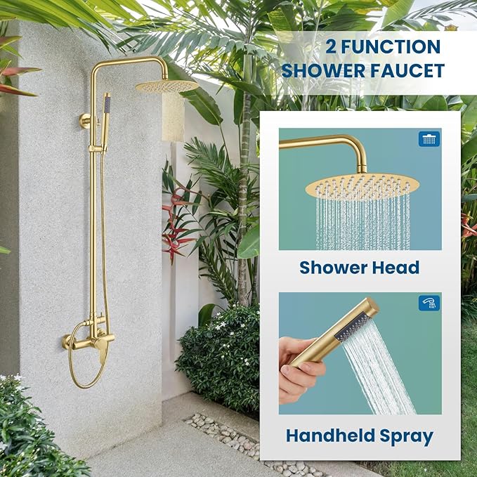 gotonovo Outdoor Shower Fixtures SUS304 Stainless Steel Rain Shower Kit Faucet High Pressure Wall Mount 2 Dual Function 8 Inch Showerhead and Handheld Spray Combo, Single Handle, Brushed Gold