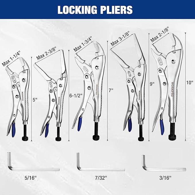 WORKPRO 5-Piece Pliers Set - 6", "7-', 10' Curved Jaw Pliers, Fast Release with 3pc Hex Keys