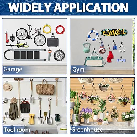 3-H Garage Wall Hooks 14 Pack, Garage Hooks Heavy Duty with Extra Welding Spots, Wall Mount Storage Organizer for Hanging Garden Lawn Tools, Ladder, WeedEater, Chair, Shovel, Blower (Black)
