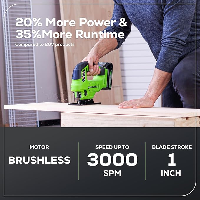 Greenworks 24V Brushless Cordless 1" Jig Saw (3,000 SPM / 4 Settings/Bevel 0°-45°/ LED Light), 1.5Ah Battery and Fast Charger Included