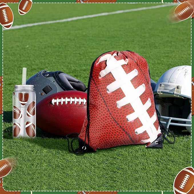 20 Pack Cups with Lid and Straw 14.2 oz Reusable Tumbler Clear Plastic Drinking Cups with 20 Pack Drawstring Bag for Birthday School Sport Decorations Party Supplies (Football)