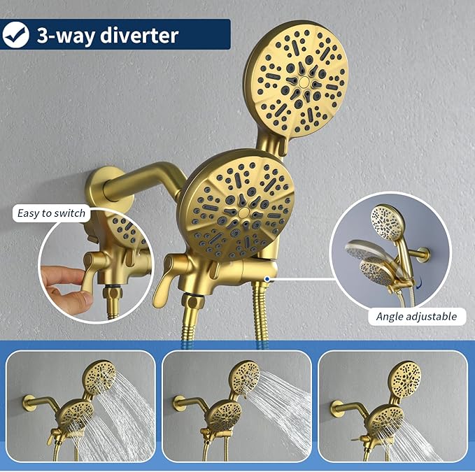 2 Handle Shower Faucet Set with Tub Spout Bathtub Shower Faucet Combo Set Shower System Complete Tub and Shower Trim Kit Brushed Gold Wall Mounted Shower Fixtures