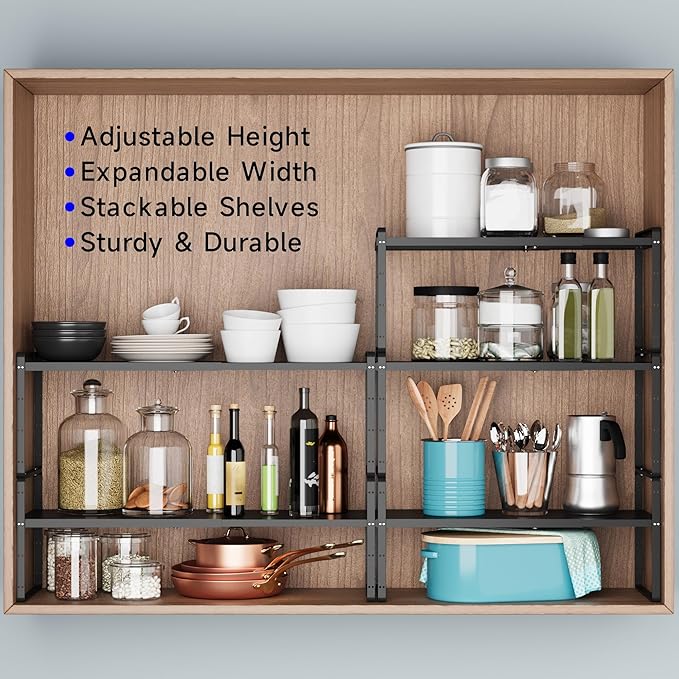 Expandable Cabinet Shelf Organizer, Stackable Kitchen Pantry Counter Storage, Adjustable Cupboard Stand Rack Risers Spice Organization Heavy Duty Black Small 3 Pack