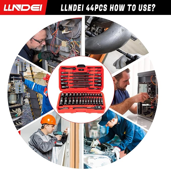 LLNDEI 1/4" Drive Socket Set & Nut Driver Set 44PCS, 1/4-Inch Sockets Deep&Shallow Metric(4-15mm) with Ratchet, 1/4" Hex Shank 6" Long Nut Drivers(6-14mm) for Impact Drill Bits(PH1 PH2)