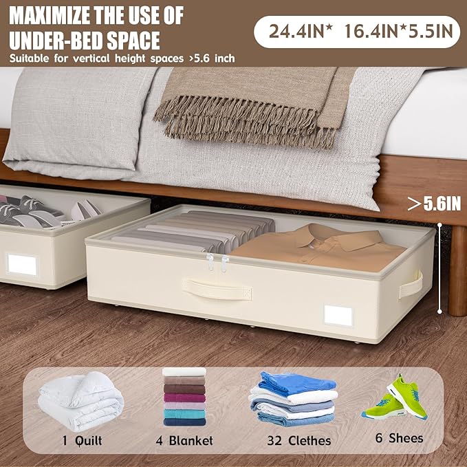 Under Bed Storage with Wheels, No Assemble Required 5.5 inches height beige under bed storage bins,Low Profile Rolling Under bed Shoe Storage containers,dorm under bed storage drawers