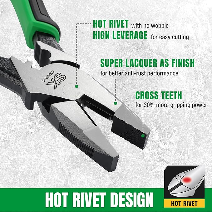 SK 9.5-Inch Linesman Pliers, Premium CR-V Steel Construction, Ergonomic Anti-slip Handle for Comfortable Grip