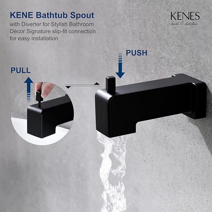 KENES Modern Matte Black Shower Faucet, Tub and Shower Trim Kit with Single-Spray Square Stainless Black Rain Shower Head, KE-6025A-2 (Shower Valve Included)