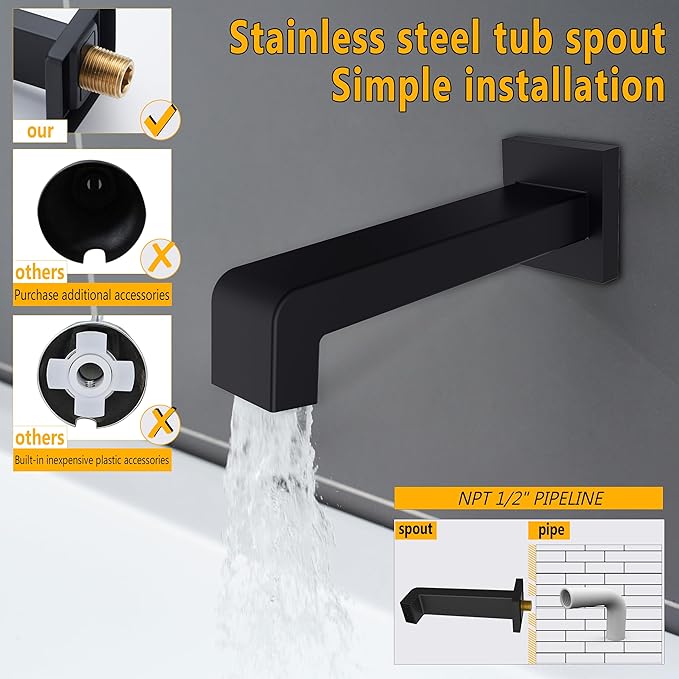 Black Shower Head and Handle Set, Shower Faucet Set with 8-Inch Rain Shower Head and Tub Spout, Single-Handle Shower Trim Kit(Valve Included)