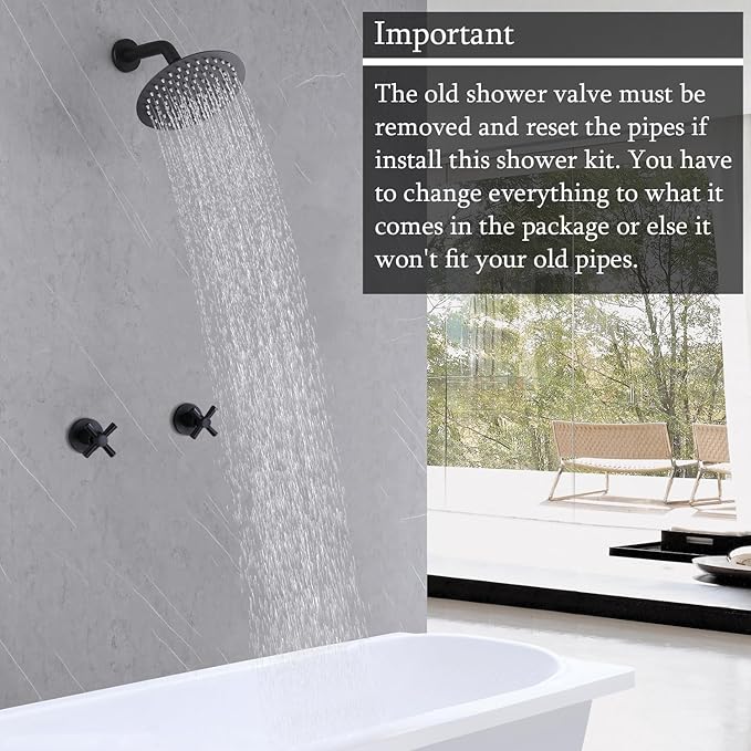 2 Handles Shower Faucet Set,Two Handle Shower with 8'' Rainfall Shower Head Combo Set,Single Function Shower Trim Kit with Rough-in Valve,Wall Mount,Matte Black
