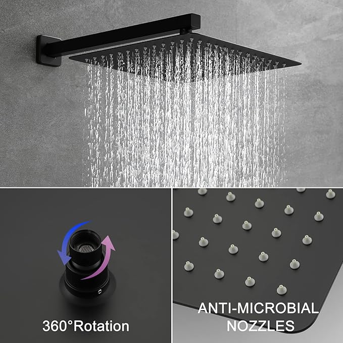 SHAMANDA Shower System with Waterfall Tub Spout and Handheld Shower Head, 12" Rain Shower Faucet Sets Complete with Shower Round-in Valve and Trim, Wall Mounted, Matte Black, L1001-7