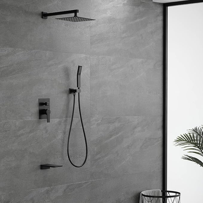 SHAMANDA Shower System with Waterfall Tub Spout and Handheld Shower Head, 10" Rain Shower Faucet Sets Complete with Shower Round-in Valve and Trim Wall Mount, Matte Black, L1010-7
