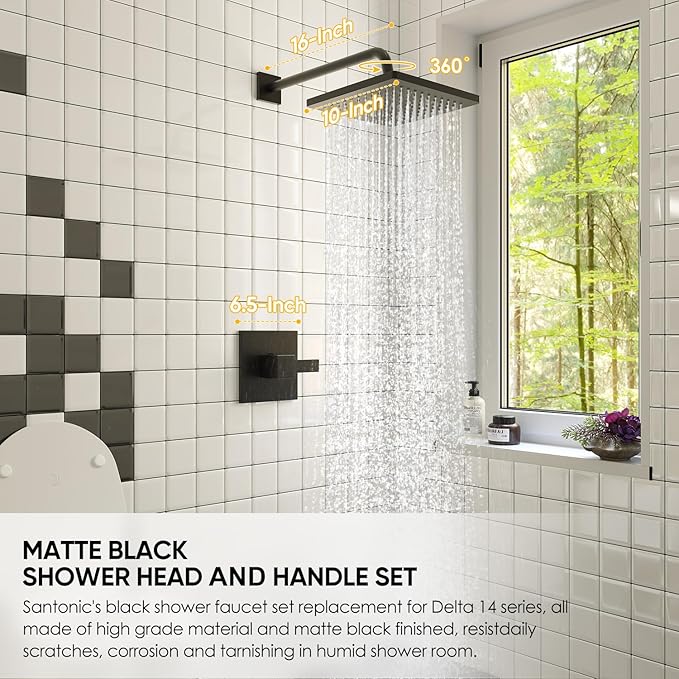 Replacement for Delta Faucet Shower Trim Kit 14 Series, Bathroom Shower Faucet Set with 10-Inch Matte Black Shower Head, 16-Inch Shower Arm Combo(Valve/Cartridge Not Included)