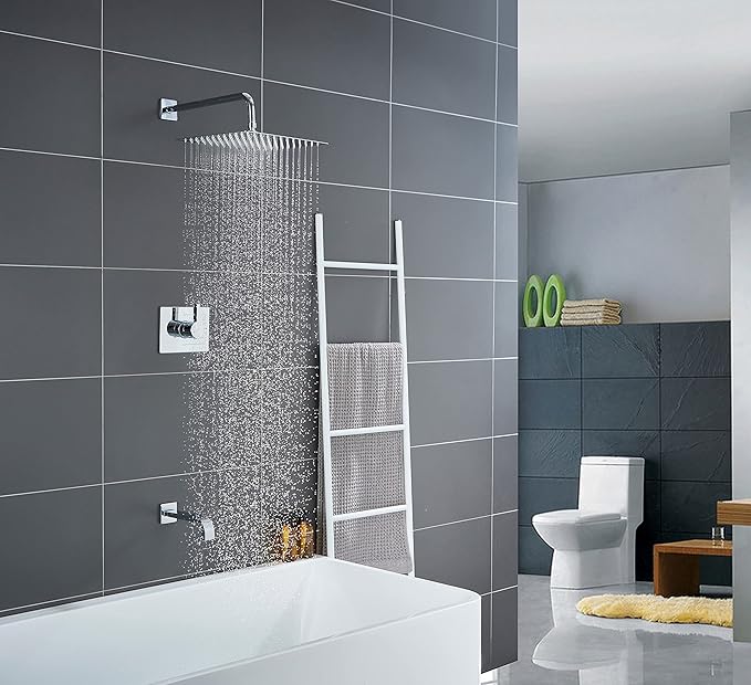 Rain Shower System with Waterfall Tub Spout 2 Function Chrome Shower Faucet Set Contain 12 Inch Shower Head and Tub Spout Trim Kit (Valve Included)