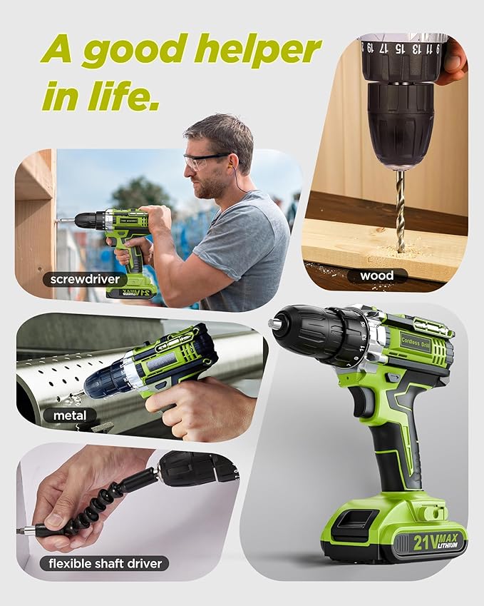 Cordless Drill Set, KELNOW 21V PowerDrill with Power Pack and Charger, 3/8-Inch Keyless Chuck ElectricDrill, 25+1 Position, 2 Speed, 27pcs Drilldriver Bits Tool Drills for DIY Projects