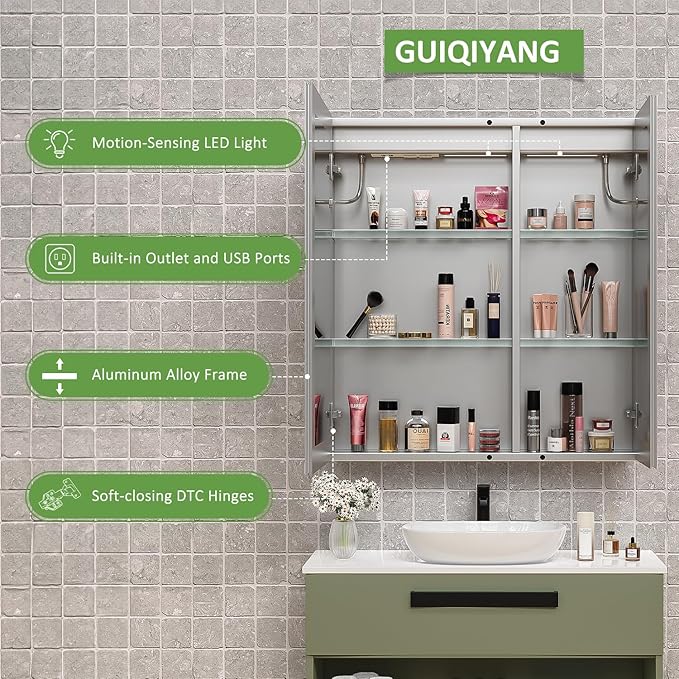 Medicine Cabinet with Lights, Bathroom LED Mirror Cabinet with Storage, Anti-Fog & 3 Color Lights, Recessed or Wall Mounted (30X32 in)