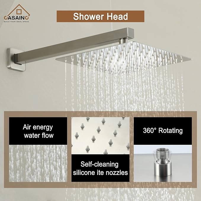CASAINC Rainfall Shower Head Combo Set 10 Inches Bathroom Luxury Rain Shower Head with Handheld Spray Wall Mounted Shower Faucet Set with Valve and Trim (Brushed Nickel)