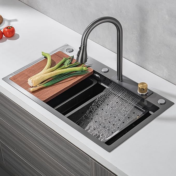 30"Kitchen Sink with Faucet Combo Waterfall Black Stainless Steel Waterfall Sink Kitchen Countertop Multi-Functional Sinks Farmhouse Undermount or Countertop Drop in