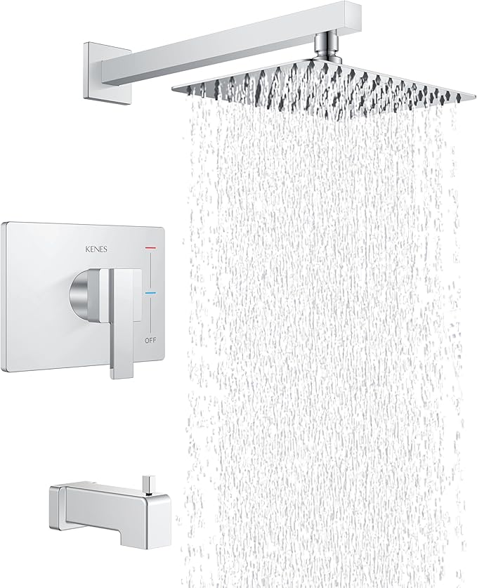 KENES Polished Chrome Tub and Shower Trim Kit, Shower Faucet with 8-Inch Rain Shower Head, Modern Single-Spray Shower Faucet Set, KE-6024A-5 (Shower Valve Included)
