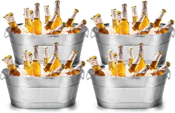 Nuogo 4 Pcs Stainless Steel Oval Ice Buckets for Parties 15 Qt/ 4 Gallon Galvanized Metal Drink Bucket with Handles Leak Resistant Beverage Tub Rustproof Wine Cooler Bucket Beverage Chiller(Silver)